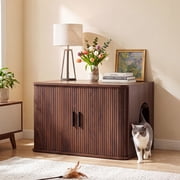YDN Cat Litter Box Enclosure, Wooden Cat Washroom Furniture Striped Rolling Door, Pet House, Fit Most of Litter Box, Walnut