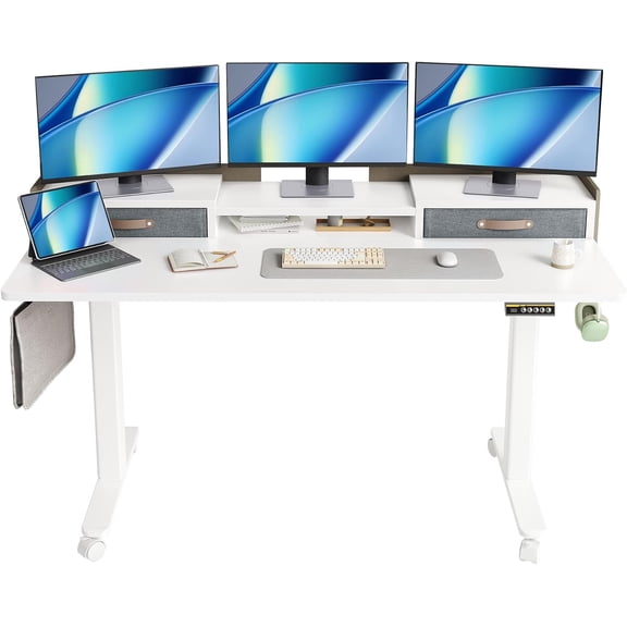 YDN Electric Standing Desk with Drawers, Adjustable Height Stand Up Desk, 59 inch Electric Sit Stand Computer Desk for Home Office, White