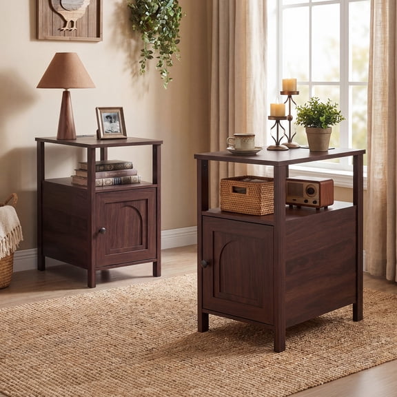 YDN Farmhouse Nightstand Set of 2, End Table with Charging Station, Rustic Side Table with Open Shelves & Space and Storage Cabinet for Bedroom, Living Room (Walnut)