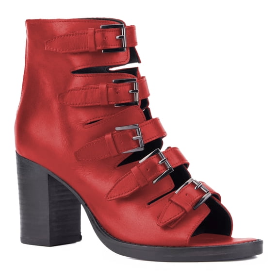 YDN Fashion Women's Open Peep Toe Sandal Boots High Chunky Block Heels Multiple Buckle Strao and Back Zipper Ankle Booties Dressy Casual Cutout Shoes Size 10.5 Red