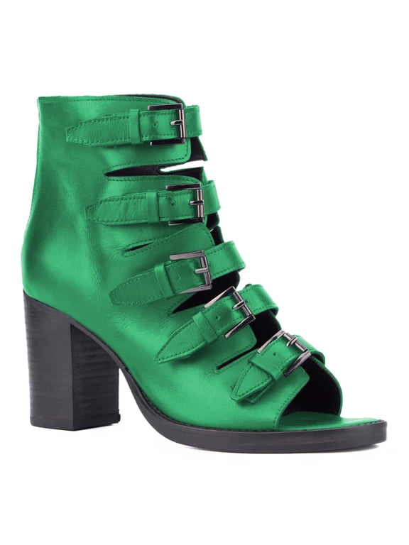Fashion Women's Open Peep Toe Sandal Boots High Chunky Block Heels Multiple Buckle Strao and Back Zipper Ankle Booties Dressy Casual Cutout Shoes Size 4 Green