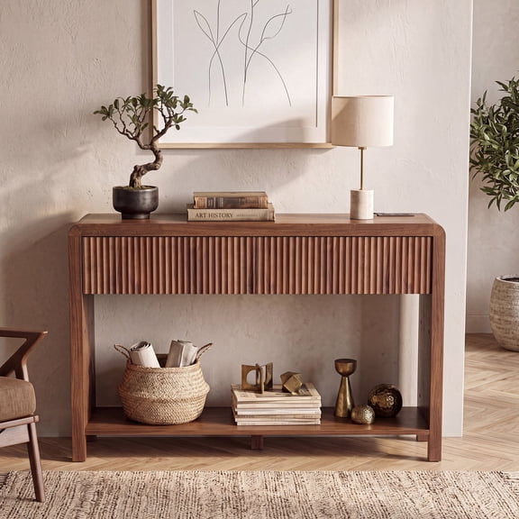 YDN Fluted Console Sofa Table with Outlets,47" Curved Narrow Console Table with Open Shlef Behind Couch,2 Drawer Entryway Table for Entrance,Hallway,Living Room,Dark Walnut