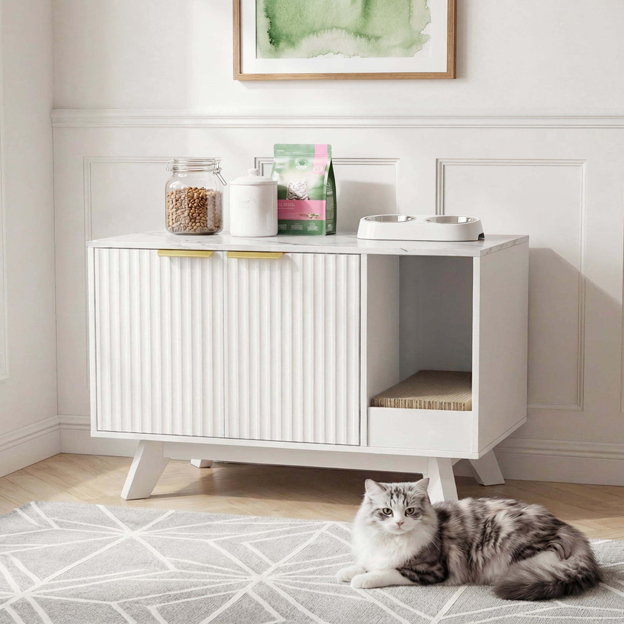 YDN Home Cat Litter Box Enclosure - 31.5 inch Wood Hidden Cat Litter Box Furniture for 2 Cats, Indoors Cats Washroom Cabinet Side Table with Scratching Pad for Living Room & Bedroom,White