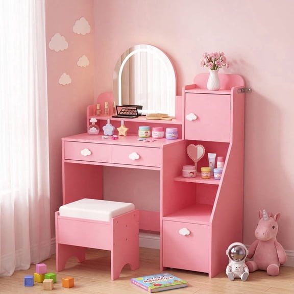 YDN Kids Vanity Table and Chair Set with 3-Color LED Lighted Mirror, Princess Makeup Vanity Desk with Storage Cabinet, 2 Drawers, Open Shelves and Removable Rolling Drawer, Pink