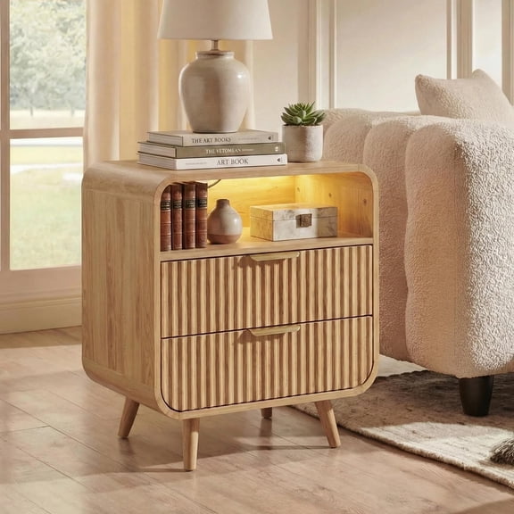 YDN Modern 2 Drawers Nightstand with Charging Station - 24" Fluted Curved Profile Design Bedside Table with LED Lights & Open Shelf, Wooden End Table for Bedroom, Living Room, Nature,Set of 1