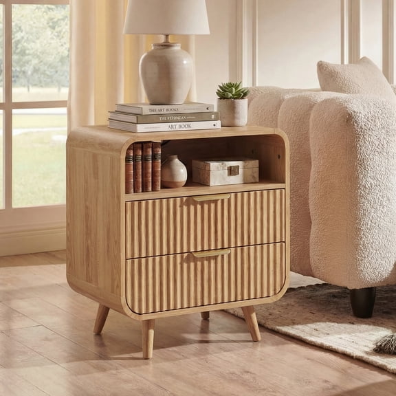 YDN Modern 2 Drawers Nightstand with Charging Station - 24" Fluted Curved Profile Design Bedside Table with LED Lights & Open Shelf, Wooden End Table for Bedroom, Living Room, Nature,Set of 1