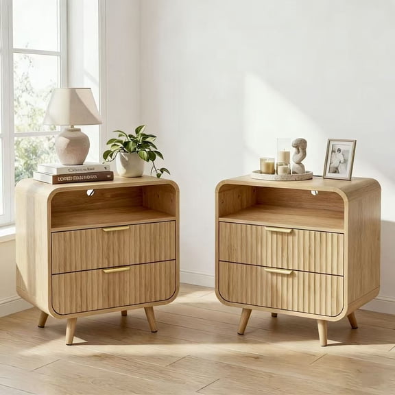 YDN Modern 2 Drawers Nightstand with Charging Station - 24" Wooden Fluted Curved Profile Bedside Storage Table with LED Lights & Open Shelf, Side End Table for Bedroom, Living Room, Nature,Set of 2