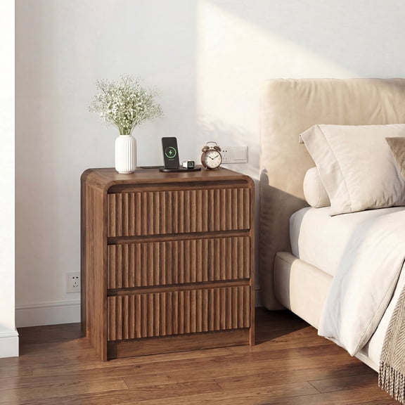 YDN Modern 3 Drawers Fluted Nightstand - 24" Wooden Bedside Table Night Stand with Charging Station, End Side Table with Curved Profile Design for Bedroom,Living Room,Walnut,Set of 1