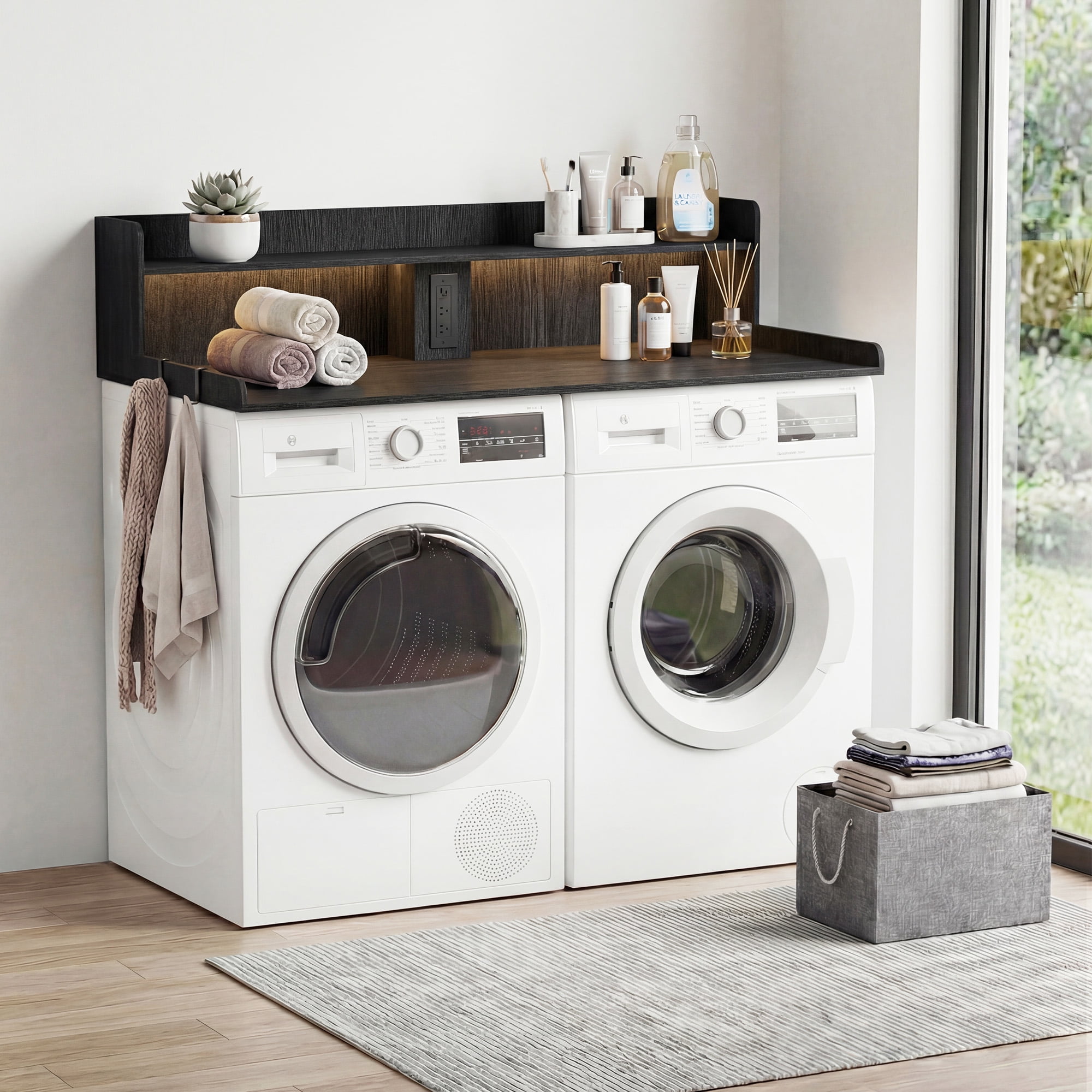 YDN Modern 54" Washer Dryer Countertop with Power Outlet & LED Lights - 2 Tiers Laundry Countertop with Shelf Space, Large Washer and Dryer Topper W/ Storage Basket,Metal Hooks,Non-Slip Pad,Black