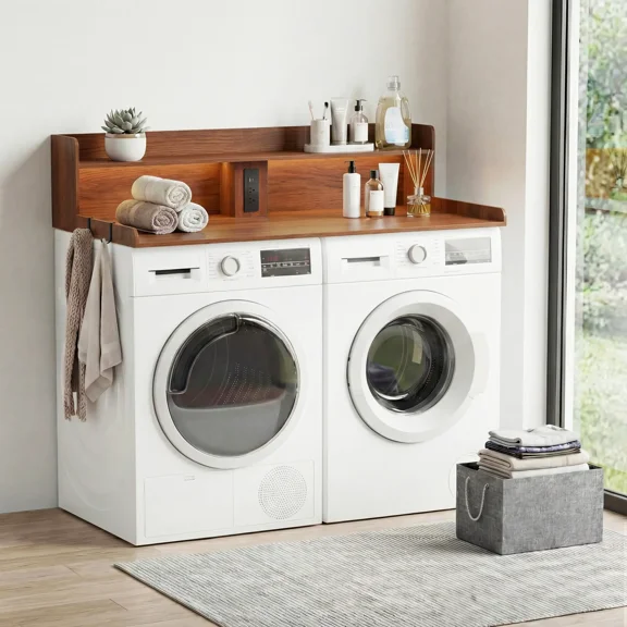 YDN Modern 54" Washer Dryer Countertop with Power Outlet & LED Lights - 2 Tiers Laundry Countertop with Shelf Space, Large Washer and Dryer Topper W/ Storage Basket,Non-Slip Pad,Metal Hooks,Walnut