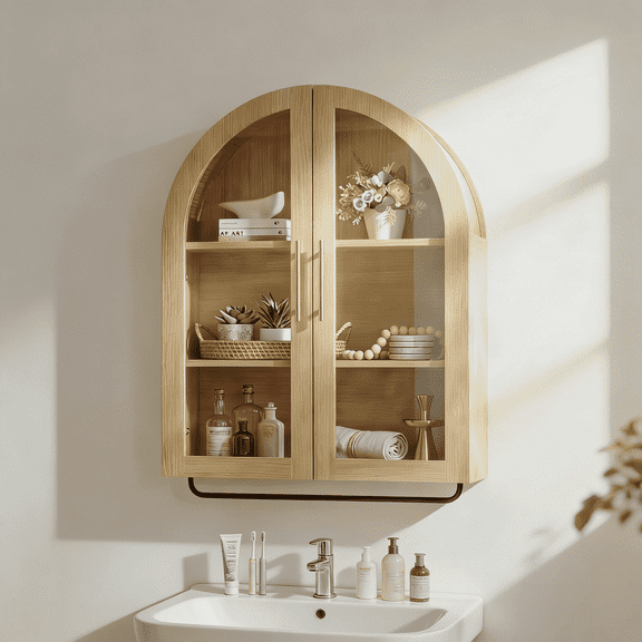 YDN Modern Arched Wall Cabinet - 23.6" Bathroom Wall Storage Cabinet with Tempered Glass Doors and Adjustable Shelf, Over the Toilet Cabinet, Large Medicine Cupboard for Bathroom,Living Room, Nature