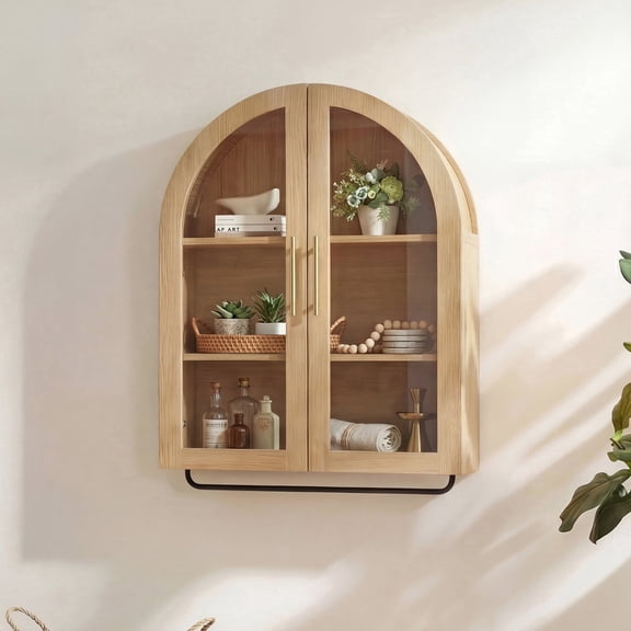 YDN Modern Arched Wall Cabinet - 23.6" Bathroom Wall Storage Cabinet with Tempered Glass Doors and Adjustable Shelf, Over the Toilet Cabinet, Large Medicine Cupboard for Bathroom,Living Room, Nature