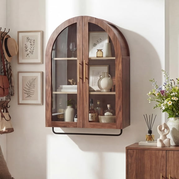 YDN Modern Arched Wall Cabinet - 23.6" Medicine Cabinet with Tempered Glass Doors & Adjustable Shelf, Wall Storage Cabinet for Bathroom, Over the Toilet Cabinet for Bath and Living Room, Walnut