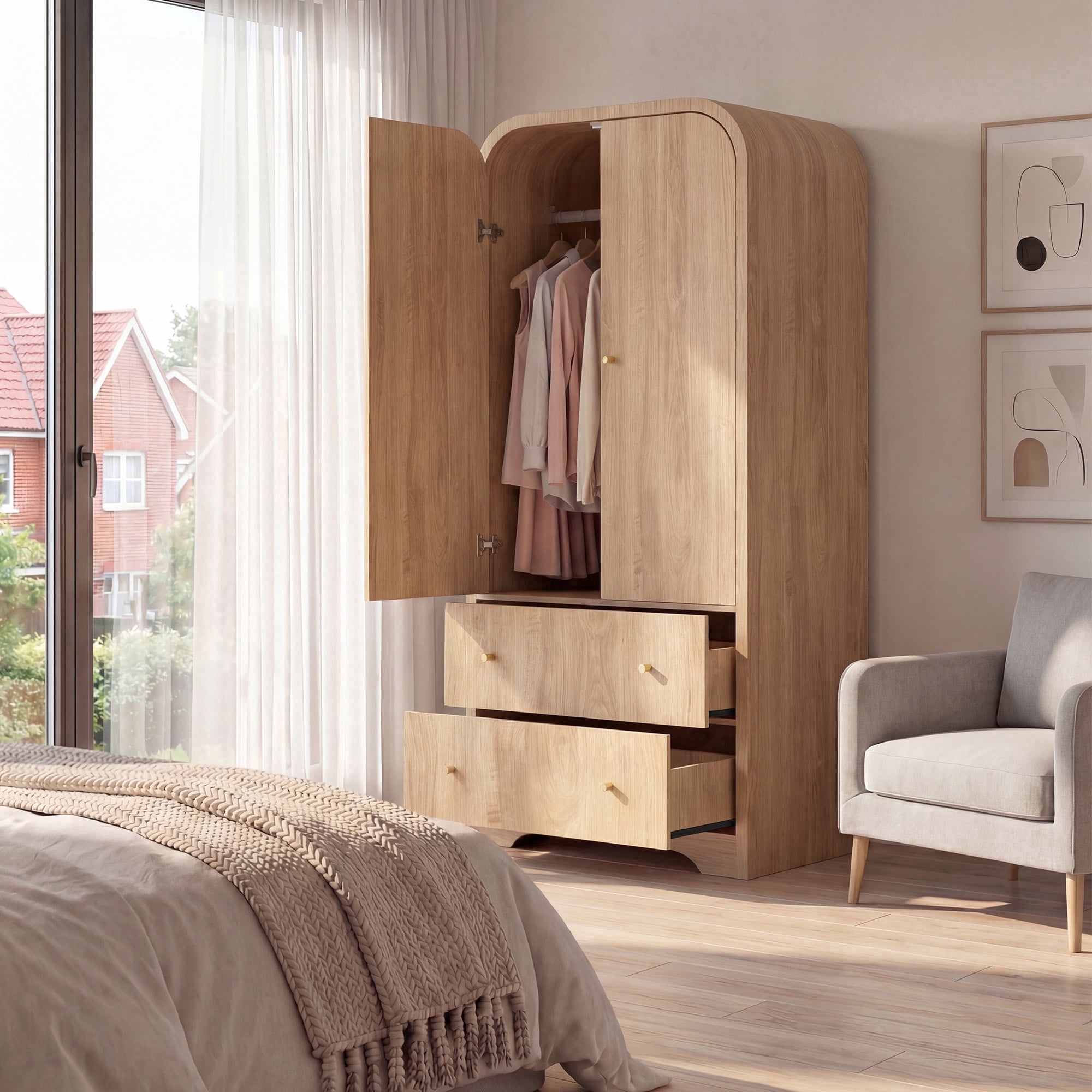 YDN Modern Arched Wardrobe Closet - 70" Wardrobe Closet Armoire with 2 Doors & Hanging Rod, Wooden Armoire Wardrobe Closet with Drawers Tall Armoires Storage Organizers for Bedroom,Nature Finish