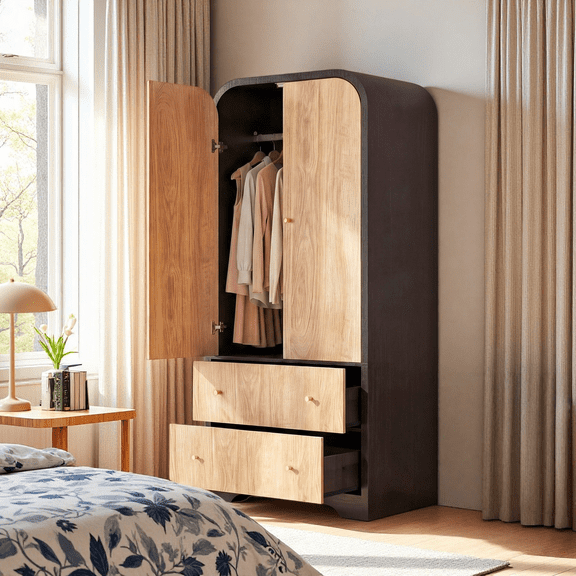 YDN Modern Arched Wardrobe Closet - 70" Wardrobe Closet Armoire with 2 Doors & Hanging Rod, Wooden Armoire Wardrobe Closet with Drawers Tall Armoires Storage Organizers for Bedroom,Elegant Finish