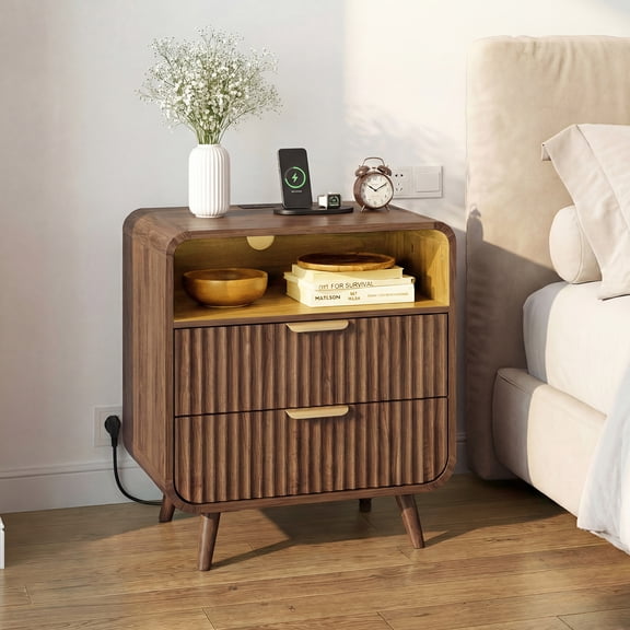YDN Modern Curved Nightstand with Charging Station - 24 inch 2 Drawers Fluted Profile Bedside Table with LED Lights & Open Shelf, Wooden End Side Table for Bedroom, Living Room,Walnut,Set of 1