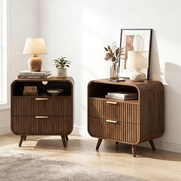 YDN Modern Curved Nightstand with Charging Station - 24 inch Wooden 2 Drawers Fluted Profile Bedside Table with LED Lights & Open Shelf, End Side Table for Bedroom, Living Room,Walnut,Set of 2
