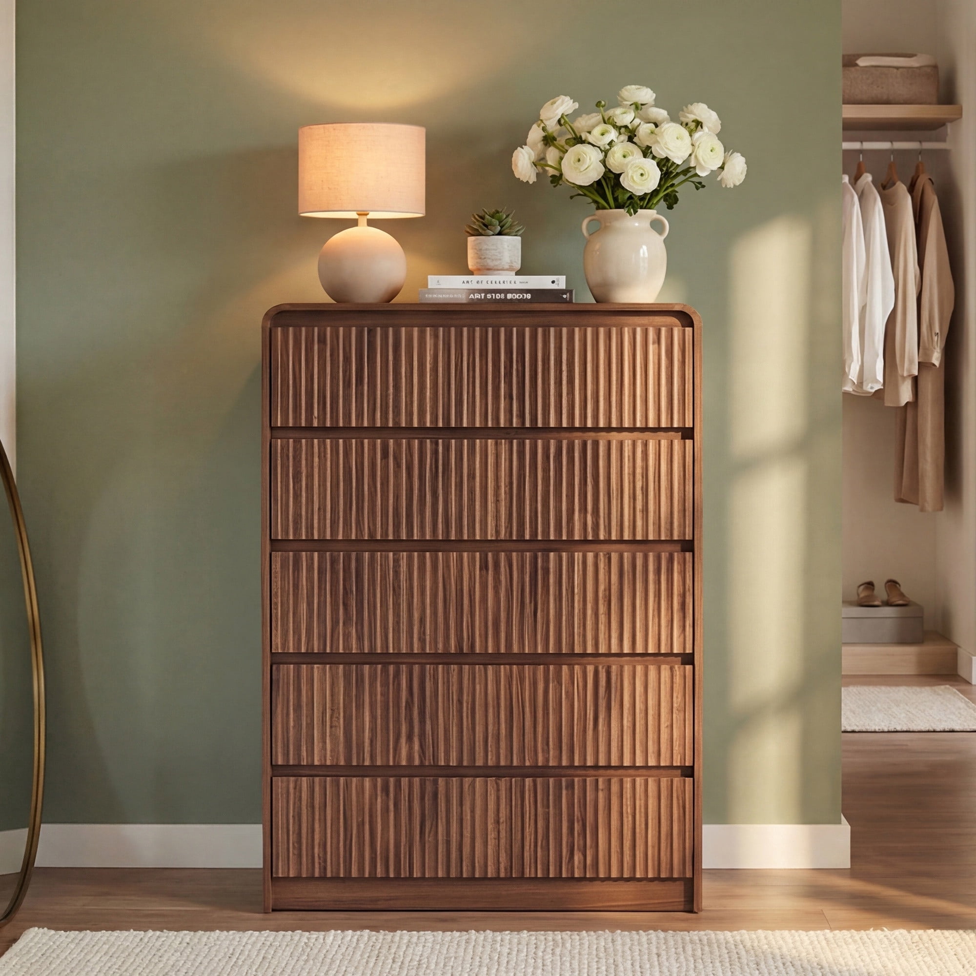 YDN Modern Fluted 5 Drawers Dressers for Bedroom with Drawers - 31.5" Wooden Tall Chest of Drawers, Curved Dresser Storage Organizer with Anti-Tip for Closet Hallway, Entryway, Living Room, Walnut