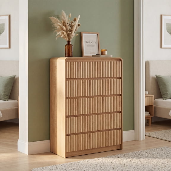 YDN Modern Fluted 5 Drawers Dressers for Bedroom with Drawers - 31.5" Wooden Tall Chest of Drawers, Curved Dresser Storage Organizer with Anti-Tip for Closet Hallway, Entryway, Living Room, Natural
