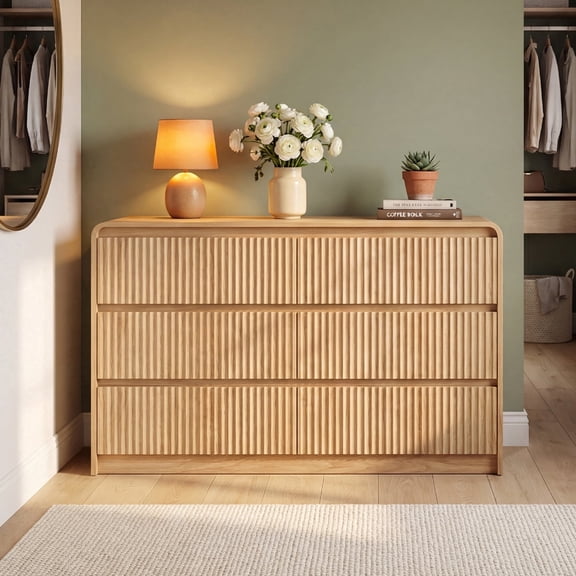 YDN Modern Fluted 6 Drawers Dressers for Bedroom - 47" Wooden Wide Storage Organizer Dresser, Curved Chest of Drawers with 6 Drawers & Anti-Tip for Closet Hallway, Entryway, Living Room, Natural