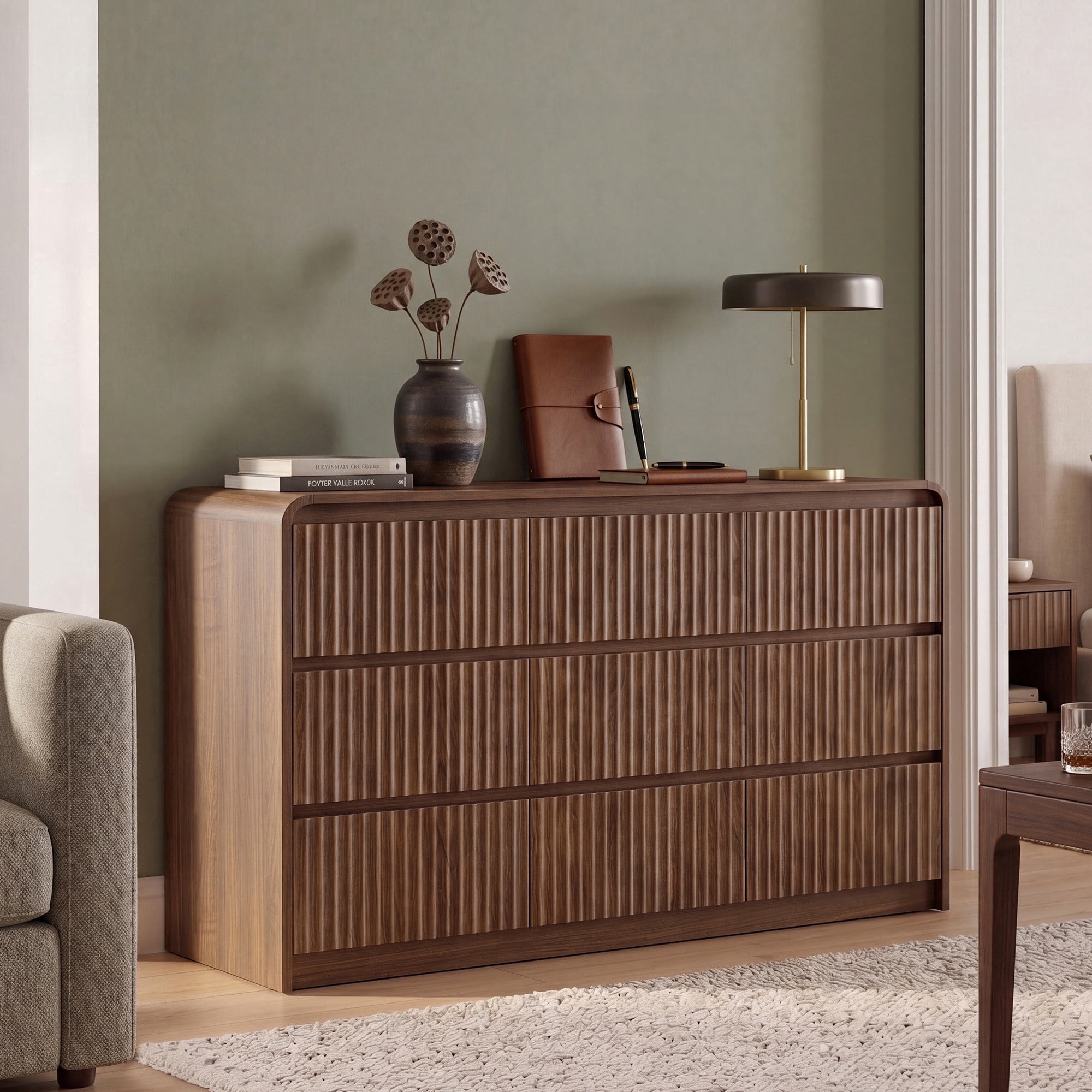 YDN Modern Fluted 9 Drawers Dressers for Bedroom - 55" Curved Dresser Storage Organizer with 9 Drawers, Wooden Chest of Drawers W/ Anti-Tip for Closet Hallway, Entryway, Living Room, Walnut