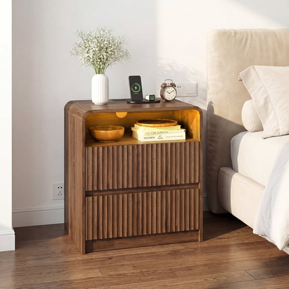 YDN Modern Fluted Nightstand with 2 Drawers and Open Shelf, 24" Curved Profile Bedside Table with Charging Station,Wooden End Side Table W/LED for Bedroom,Living Room,Walnut,Set of 1