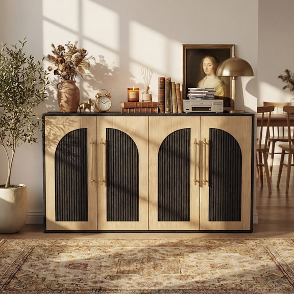 YDN Modern Fluted Sideboard Storage Cabinet - 55" Wooden Arched Doors Buffet Cabinet with Storage & Adjustable Shelves, Credenza Kitchen Storage Cabinet for Living Room, Entryway - Elegant Finish