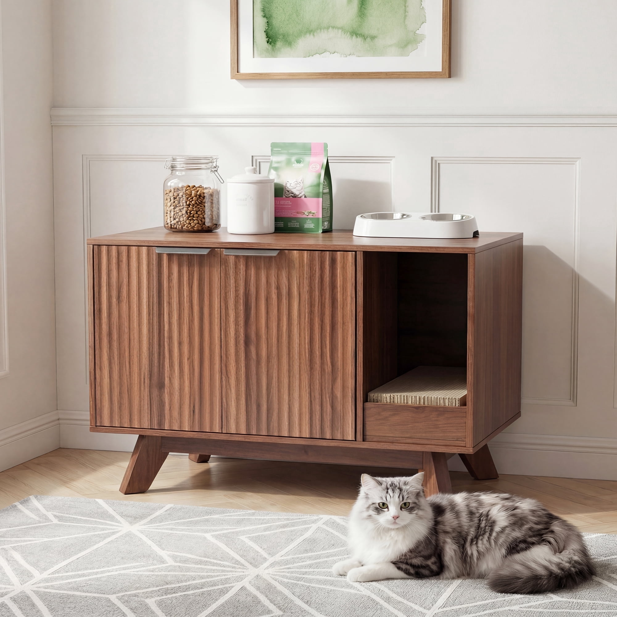 YDN Modern Litter Box Enclosure for Cats- 31.5" Indoors Hidden Cat Litter Box Furniture for 2 Cats, Wooden Cats Washroom Side Cabinet with Scratching Pad for Most Cat Litter Box,Walnut