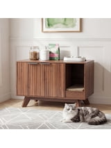 YDN Modern Litter Box Enclosure for Cats- 31.5" Indoors Hidden Cat Litter Box Furniture for 2 Cats, Wooden Cats Washroom Side Cabinet with Scratching Pad for Most Cat Litter Box,Walnut