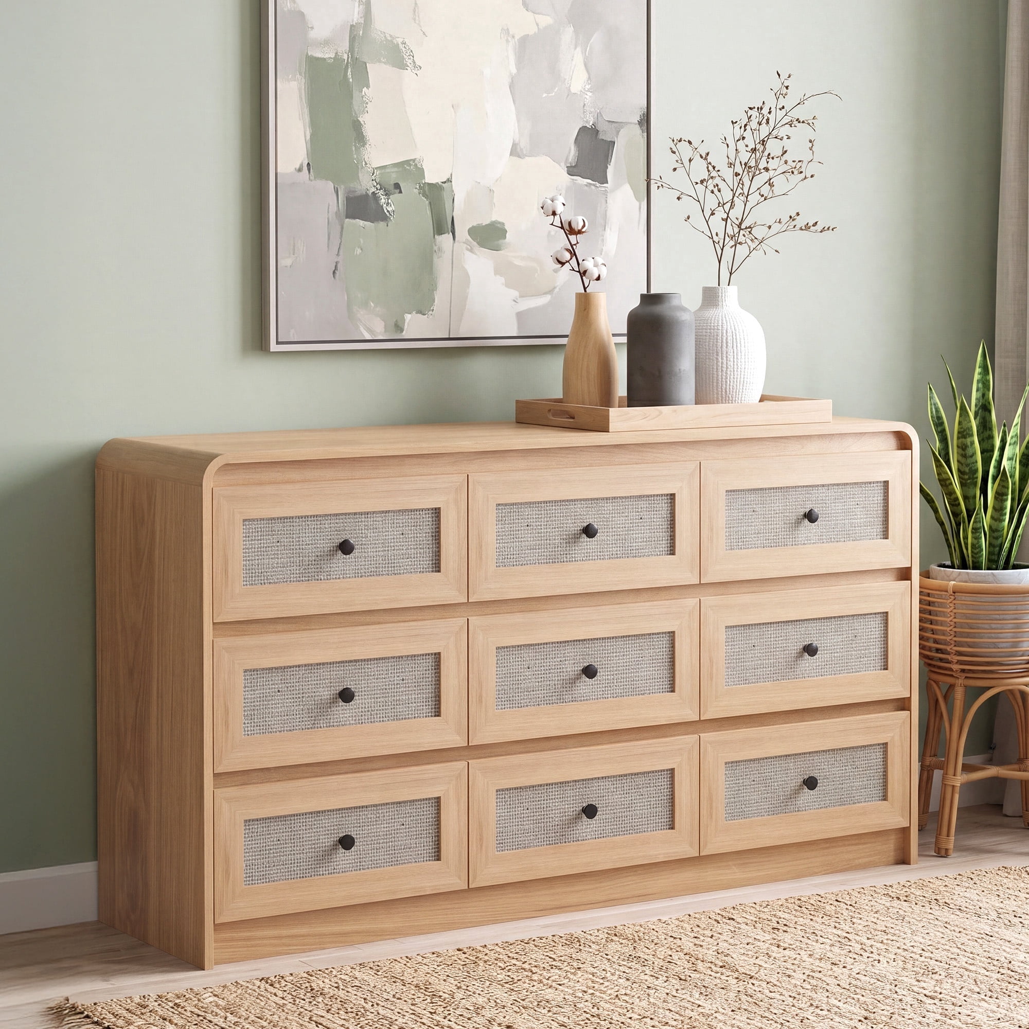 mid century boho dresser YDN Modern Rattan 9 Drawers Wood for Bedroom,55