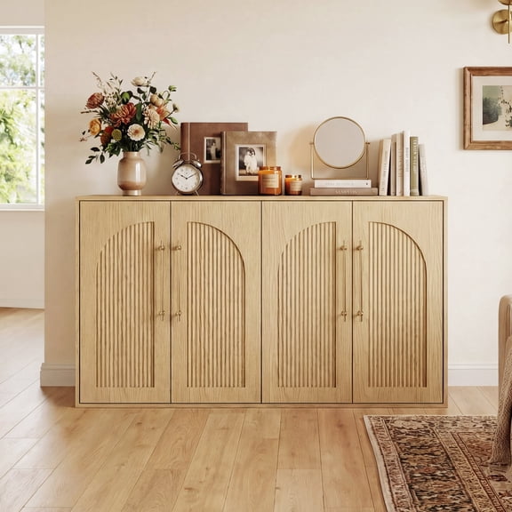 YDN Modern Sideboard Buffet Cabinet with Storage - 55" Fluted Sideboard Storage Cabinet W/ Doors & Shelves, Wooden Credenza Buffet Storage Cabinet for Living Room, Entryway, Kitchen - Nature