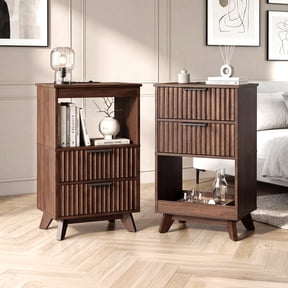 YDN Modern Tall Nightstand Set of 2 - Bedside Table with Fluted Design & Charging Station, Wooden Bedsides End Table with 2 Drawers and Storage Shelf for Bedroom, Living Room,Walnut