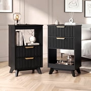 YDN Modern Tall Nightstand Set of 2 - Bedside Table with Fluted Design & Charging Station, Wooden Bedsides End Table with Large Open Shelf for Bedroom, Living Room,Black