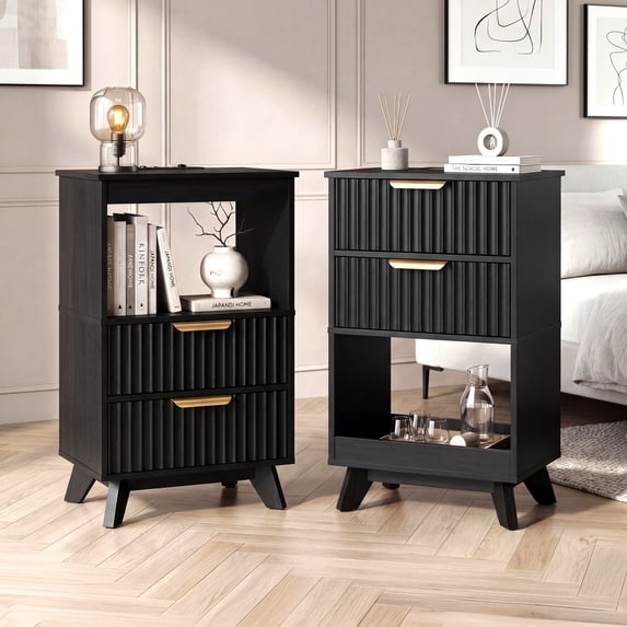 YDN Modern Tall Nightstand Set of 2 - Bedside Table with Fluted Design & Charging Station, Wooden Bedsides End Table with Large Open Shelf for Bedroom, Living Room,Black