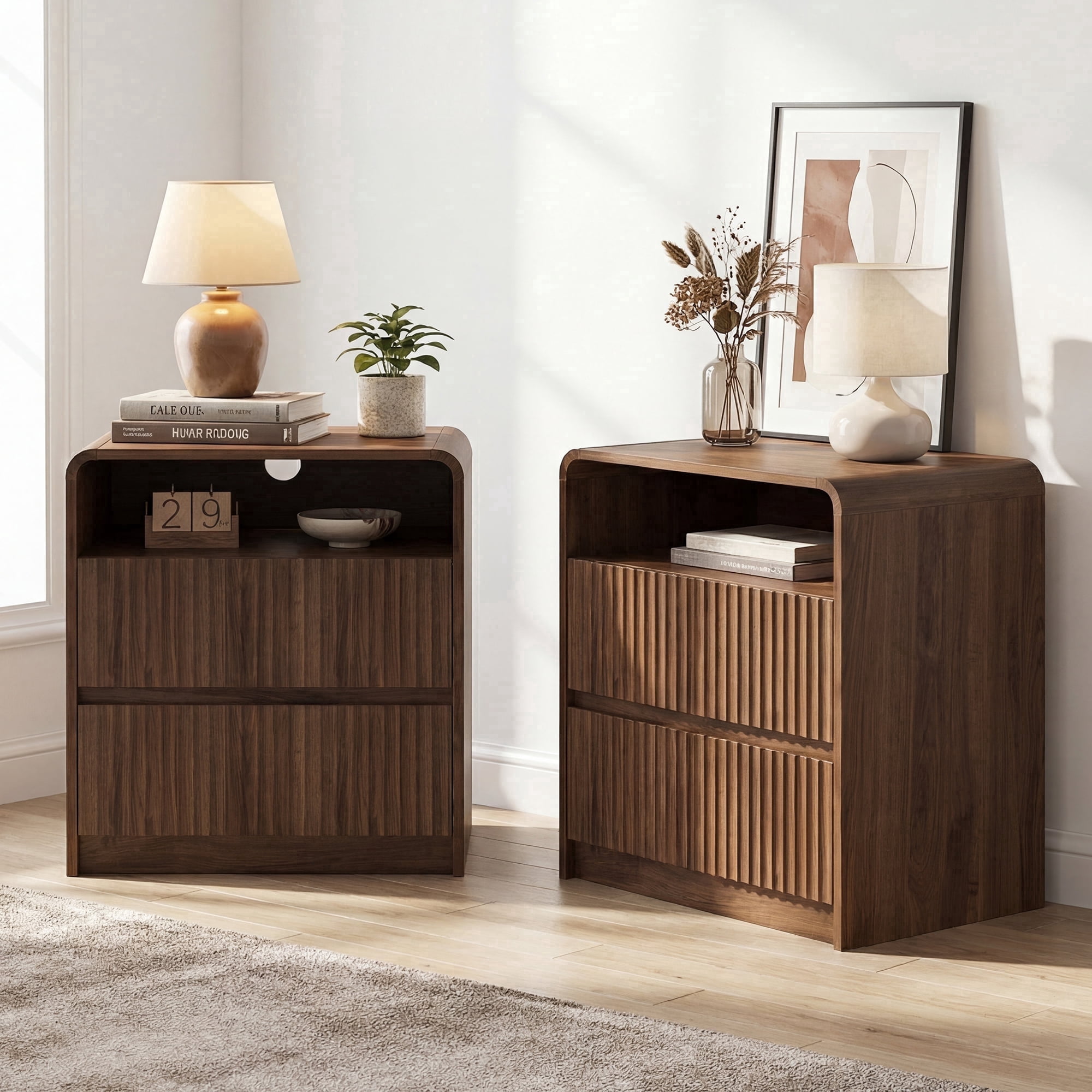 YDN Modern Wooden Fluted Nightstand with Charging Station - Indoors Bedside Table Furniture W/2 Drawers and LED, End Table 24 inches Night Stand for Bedroom,Living Room, Walnut,Set of 2