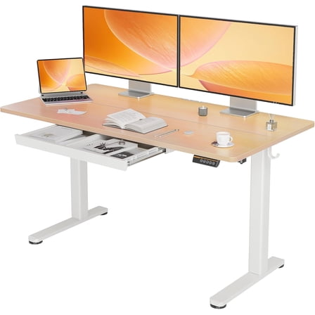 YDN Standing Desk with Drawers, Height Adjustable Desk 55 x 24 Inch, Electric Sit Stand Home Office, Natural
