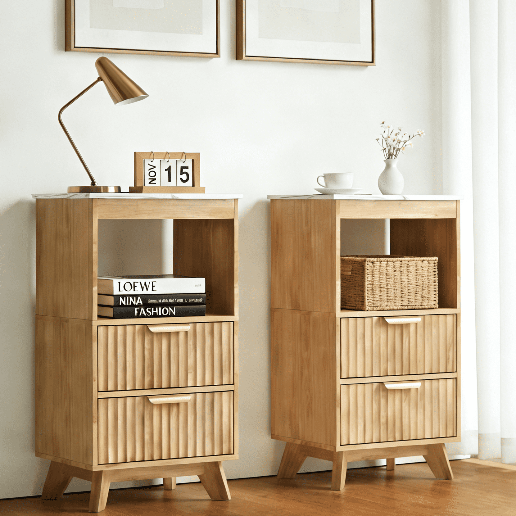 YDN Tall Nightstand Set of 2 - Modern Bedside Table with Fluted Design & Charging Station, Wooden Bedsides End Table with 2 Drawers and Storage Shelf for Bedroom, Living Room,Nature