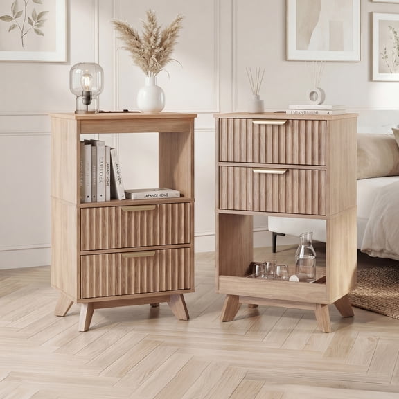 YDN Tall Nightstand Set of 2 - Modern Bedside Table with Fluted Design & Charging Station, Wooden Bedsides End Table with 2 Drawers and Storage Shelf for Bedroom, Living Room,Nature