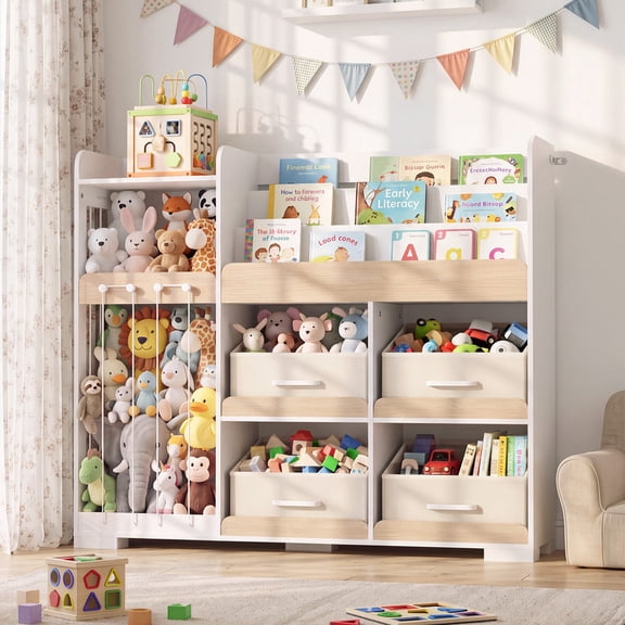 YDN Toy Storage Organizer with Stuffed Animal Storage and 4 Removable Fabric Drawers, Kids Toy Storage and Bookshelf for Playroom and Kids Room, White