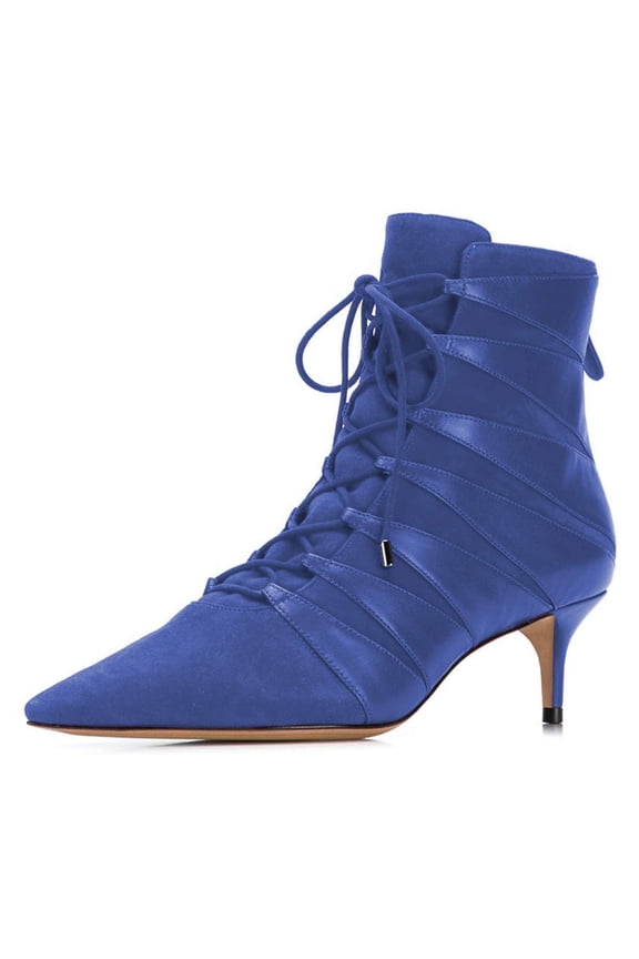 Wome Comfortable Pointed Toe Ankle Boots Kitten Mid Heel Lace up Booties Back Zippers Dress Party Shoes Size 4 Navy