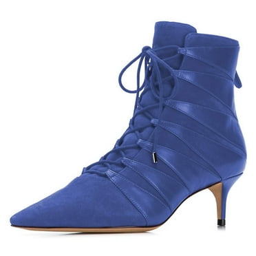 YDN Wome Comfortable Pointed Toe Ankle Boots Kitten Mid Heel Lace up Booties Back Zippers Dress Party Shoes Size 7 Navy