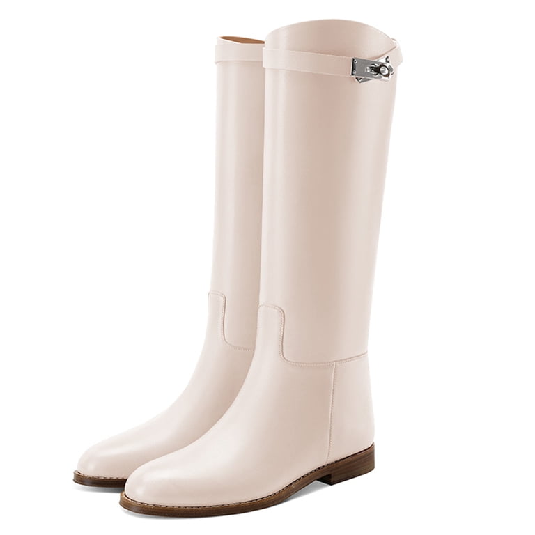 High Riding Patelal YDN Women Basic Round Closed Toe Knee High Boots Pull On Mental Buckle ...
