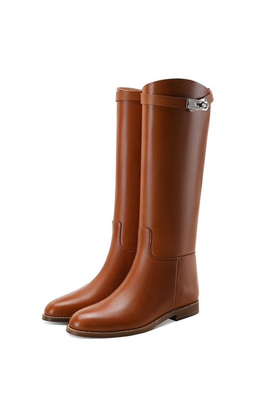 Women Basic Round Closed Toe Knee High Boots Pull On Mental Buckle Wide Calf Flat Riding Boots Walking Trip Retro Shoes Size 4 Brown