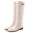 thumbnail image 1 of YDN Women Basic Round Closed Toe Knee High Boots Pull On Mental Buckle Wide Calf Flat Riding Boots Walking Trip Retro Shoes Size 8.5 White, 1 of 4