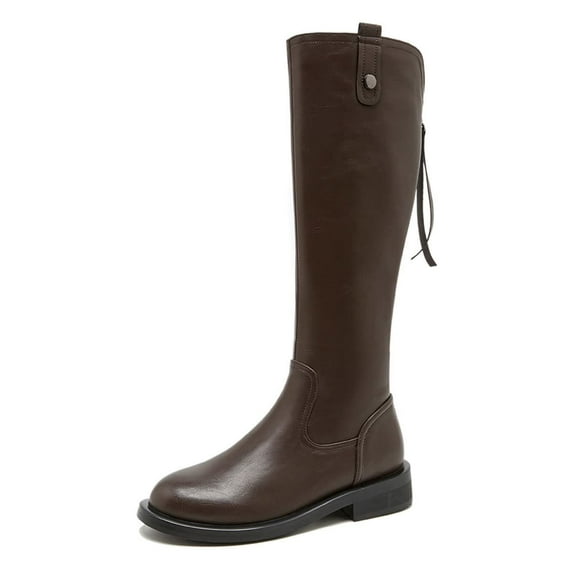 YDN Women Basic Round Toe Flats Knee High Boots Back Zipper low Heel Riding Boots Warm Comfy Outfit Winter Shoes Size 13 Brown