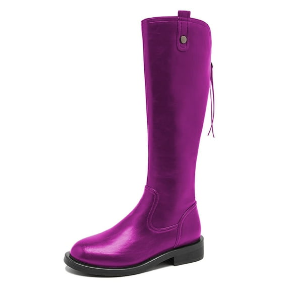 YDN Women Basic Round Toe Flats Knee High Boots Back Zipper low Heel Riding Boots Warm Comfy Outfit Winter Shoes Size 4 Purple