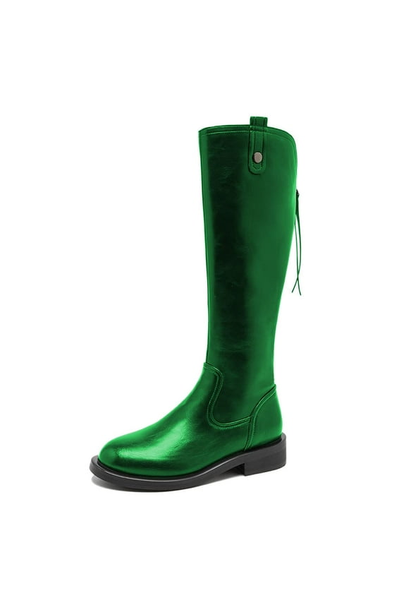 Women Basic Round Toe Flats Knee High Boots Back Zipper low Heel Riding Boots Warm Comfy Outfit Winter Shoes Size 9 Green