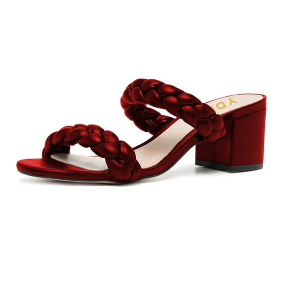 YDN Women Braided Two Straps Chunky Heel Slide Sandals Slip On Open Toe Low Heels Mules Shopping Party Dressy Shoes Size 10.5 Red