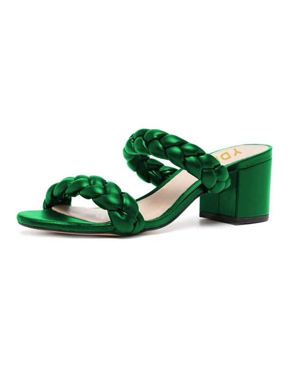 Women Braided Two Straps Chunky Heel Slide Sandals Slip On Open Toe Low Heels Mules Shopping Party Dressy Shoes Size 12 Green