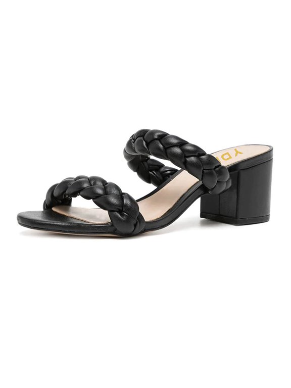 Women Braided Two Straps Chunky Heel Slide Sandals Slip On Open Toe Low Heels Mules Shopping Party Dressy Shoes Size 16 Black
